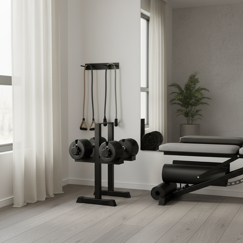 Adjustable dumbbells in a compact home gym setup