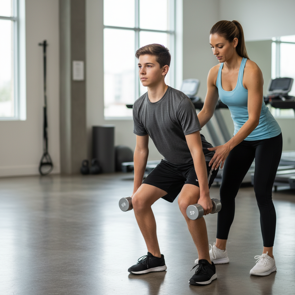 Youth fitness strength basics with dumbbells and proper form coaching