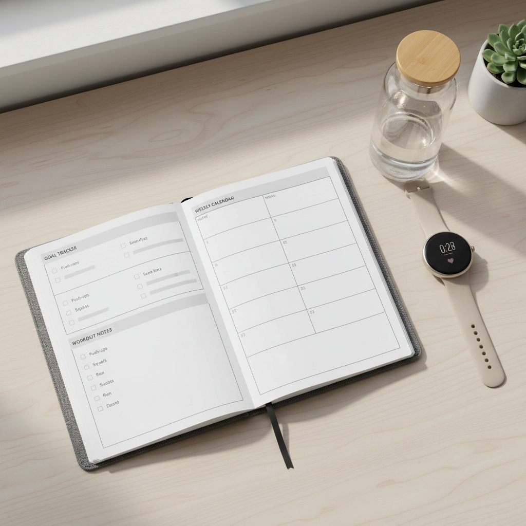 Fitness journal goal tracking on a desk with workout notes and calendar