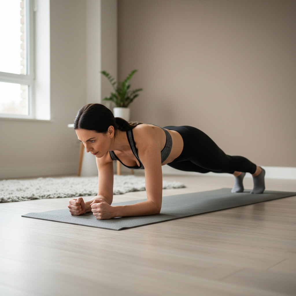 Person demonstrating bodyweight core workout plank form on a yoga mat
