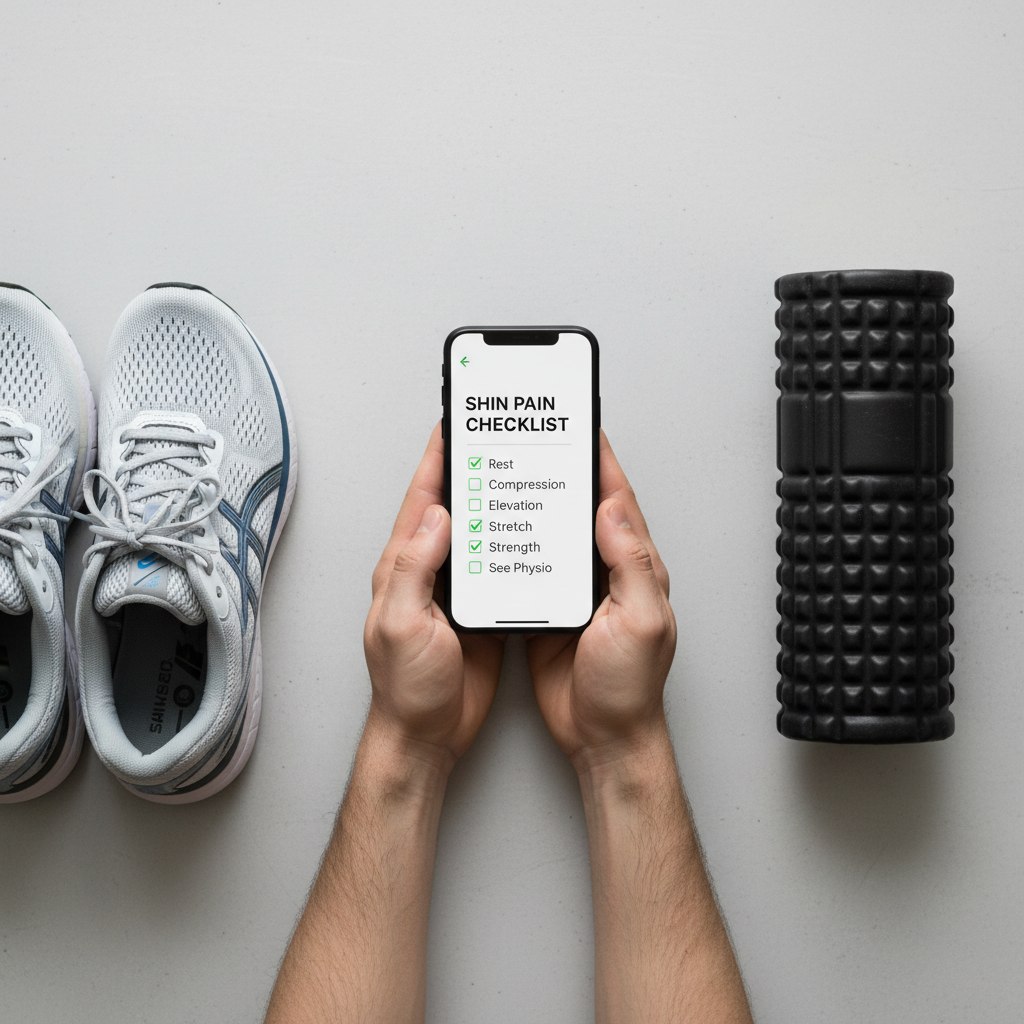 Simple shin pain self-check checklist for runners on a phone screen