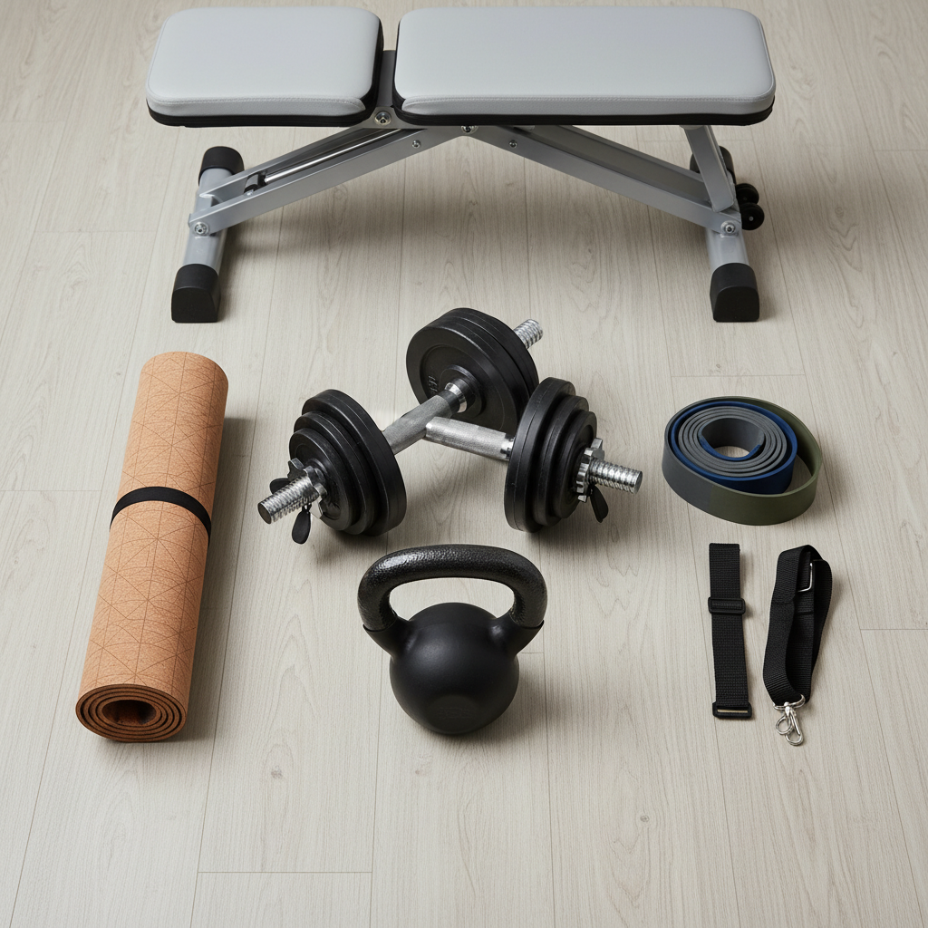 Comparison of compact home fitness gear laid out neatly for small spaces