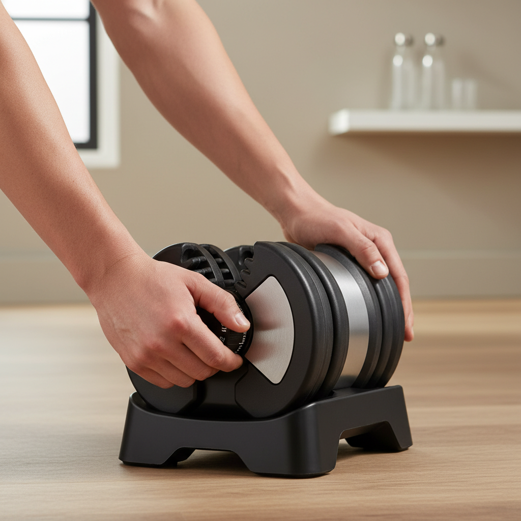 Person adjusting dumbbell weight using a dial system on a cradle