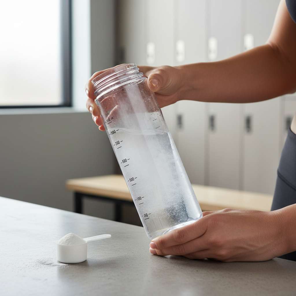 Electrolyte powder being mixed into a water bottle for workout hydration