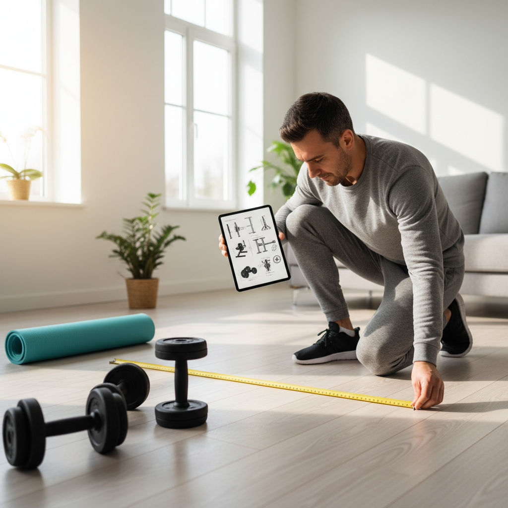 Person measuring workout space and checking equipment dimensions at home