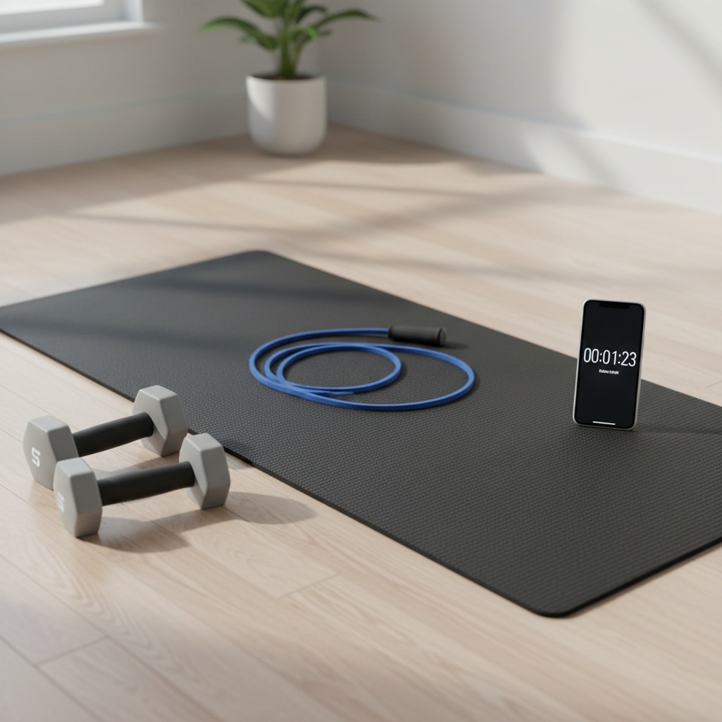 Short at-home workout circuit with timer, mat, and resistance band