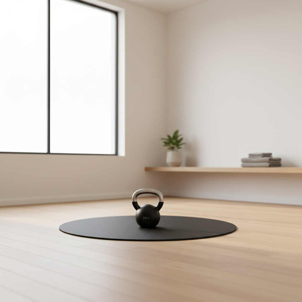Home kettlebell training setup with safe open floor space