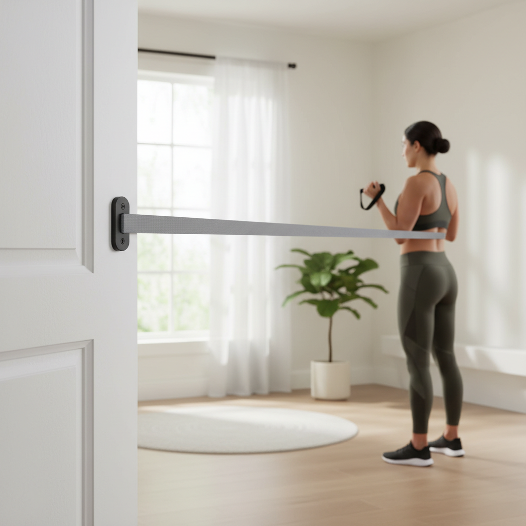 Resistance band door anchor setup for safe rows and presses at home