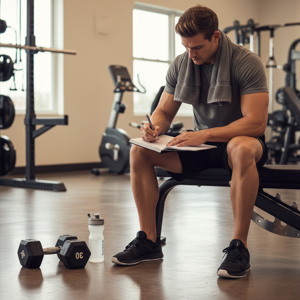 Person tracking lower body workout progress in a training log