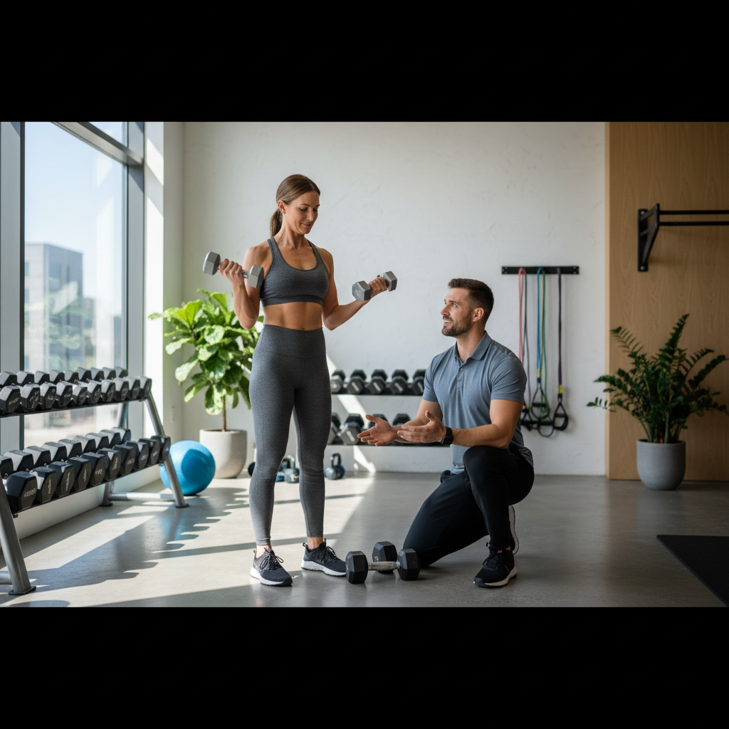 Gym scene showing beginner-friendly strength training with dumbbells and coach guidance
