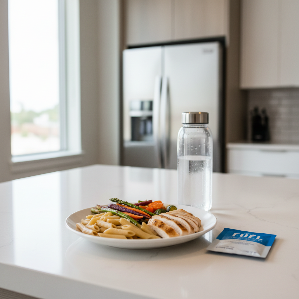 Athlete meal prep with balanced carbs, protein, and hydration for sports nutrition