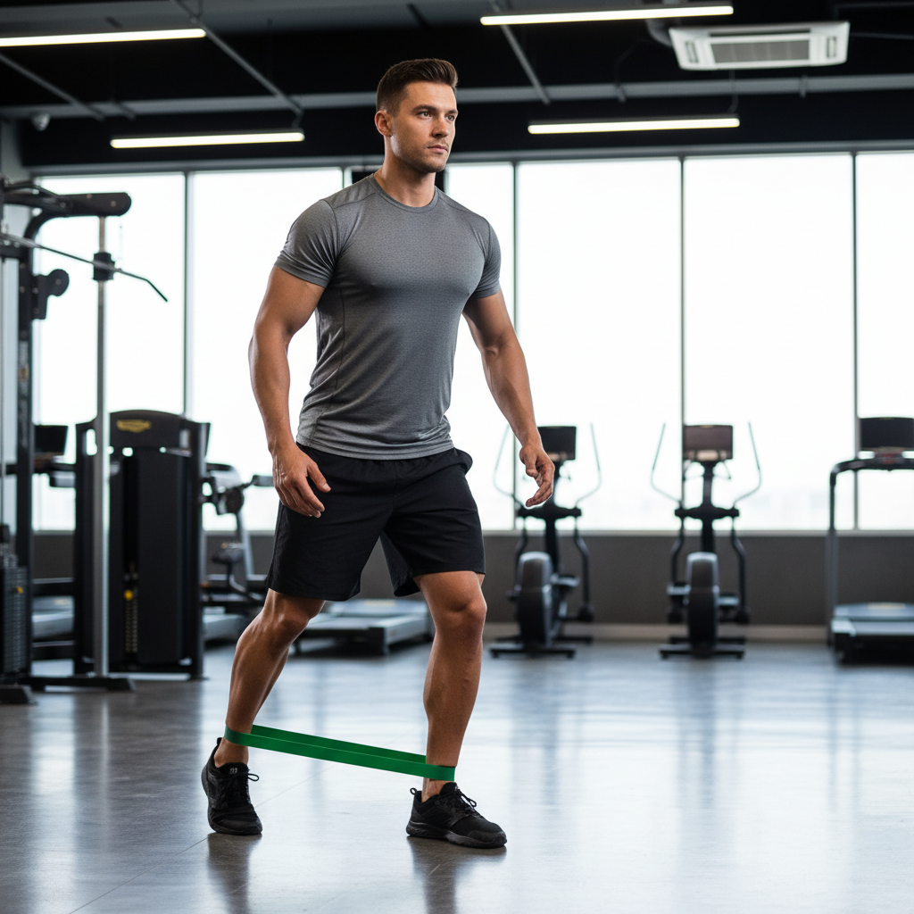 Resistance band lateral walk drill for glute medius activation in a gym