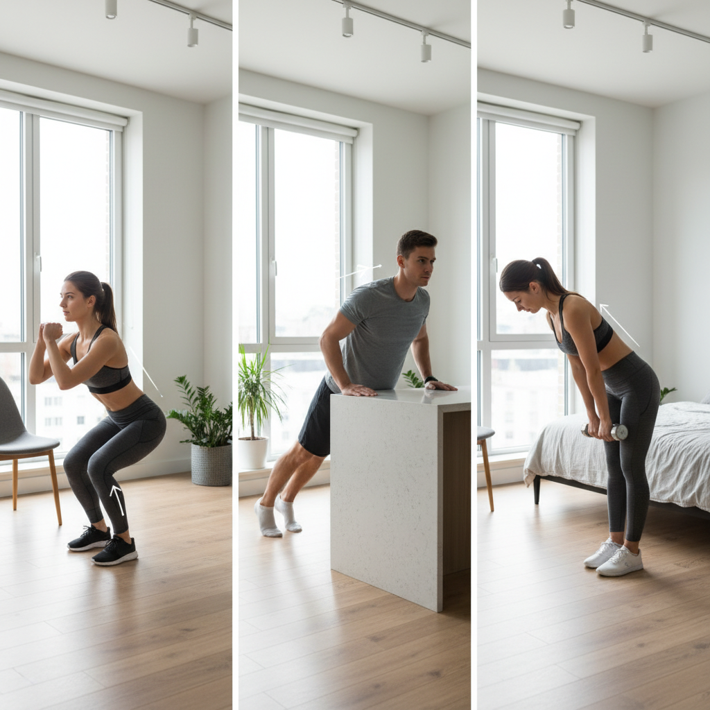 Home workout form cues for squat, push-up, and hip hinge