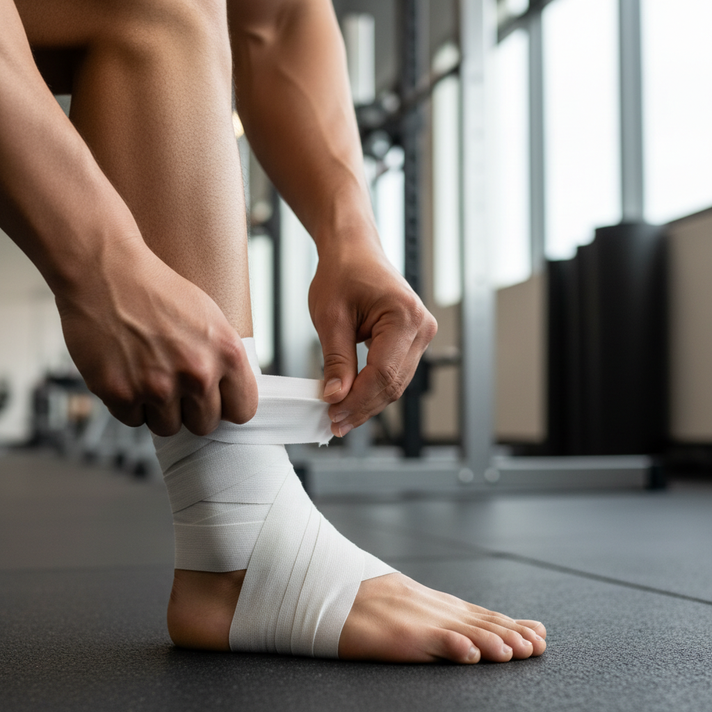 Athlete applying sports tape to ankle for injury protection