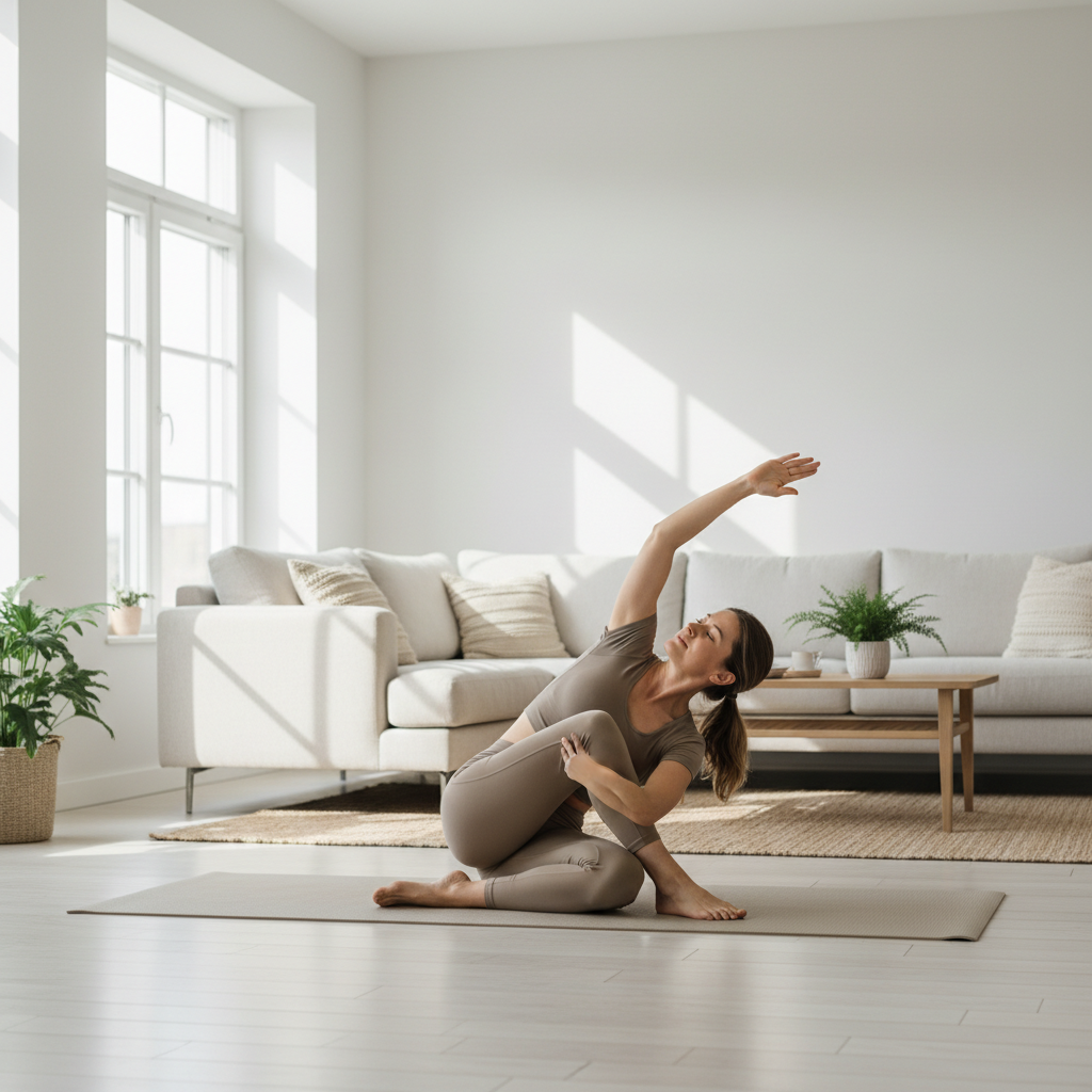 Person doing gentle yoga stretch for lower back pain relief at home