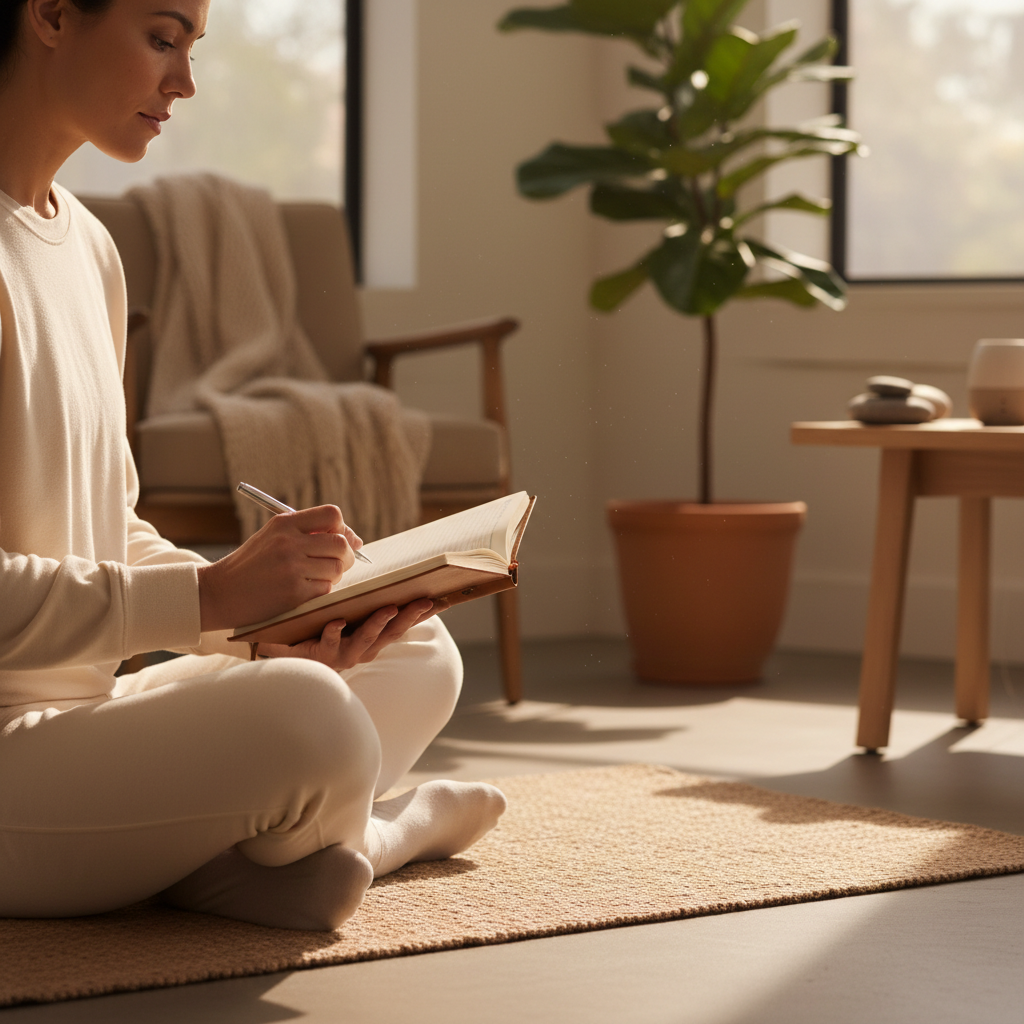 Woman journaling after a short yoga meditation practice to manage anxiety