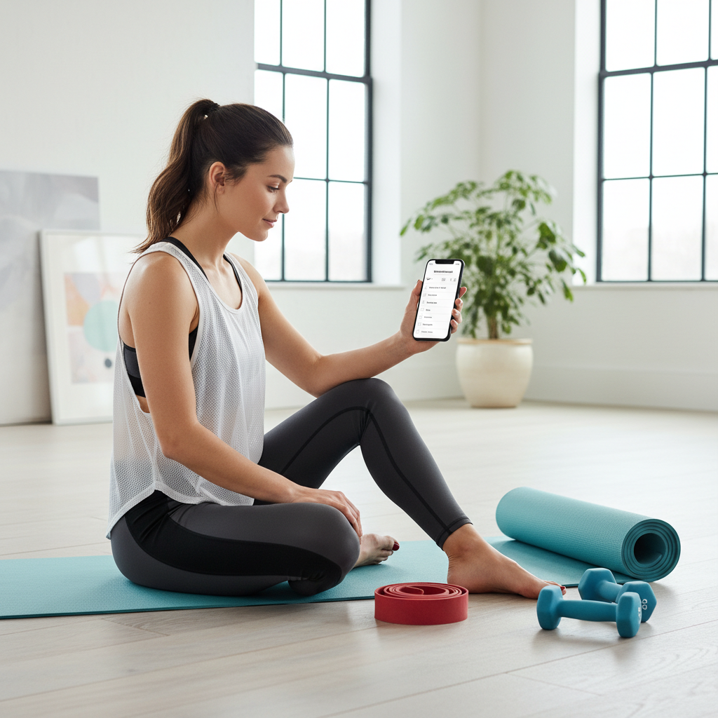 Person checking a simple home workout plan on a phone next to a yoga mat