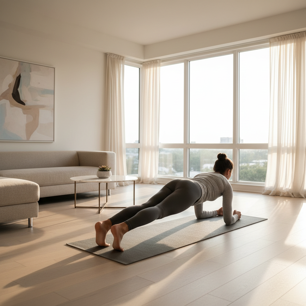 No-equipment home core workout on a living room mat