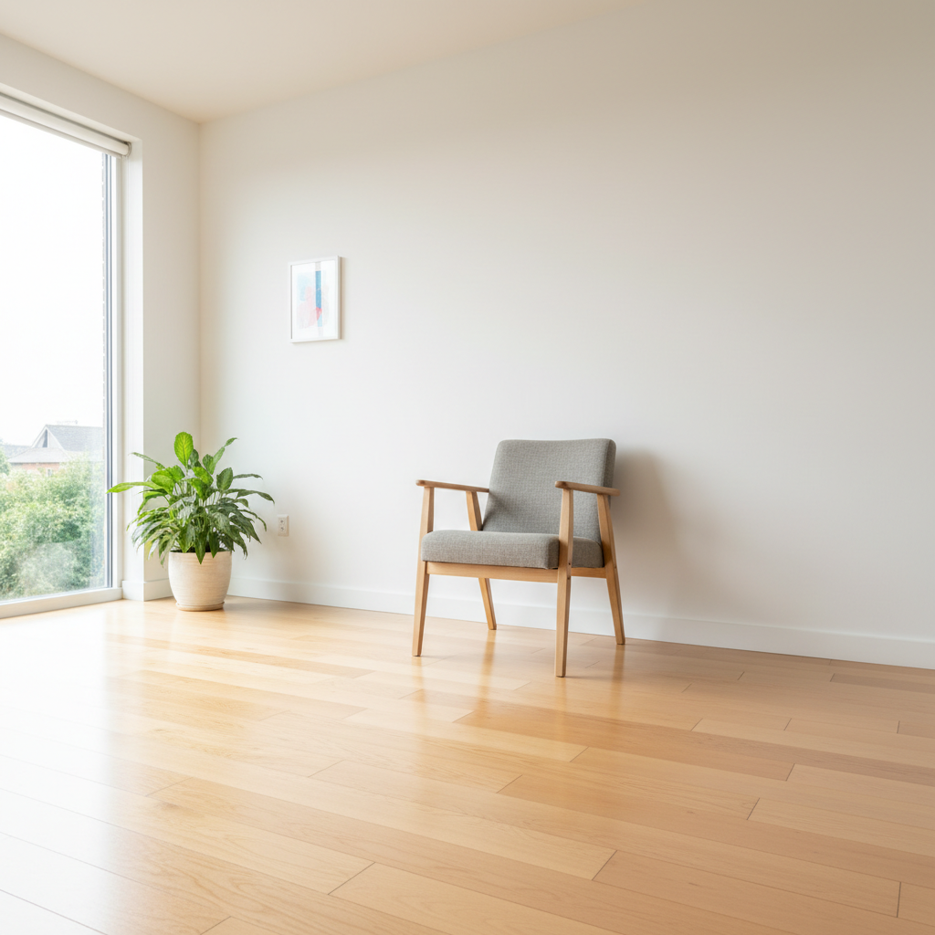 Safe home setup for balance exercises with chair, clear floor, and good lighting