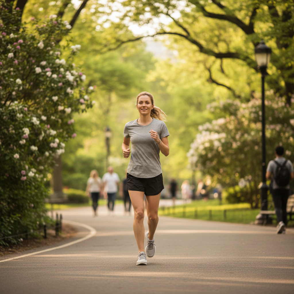 Beginner runner doing a comfortable jog on a park path