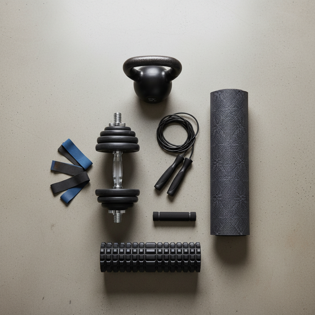 Essential compact home gym equipment laid out neatly