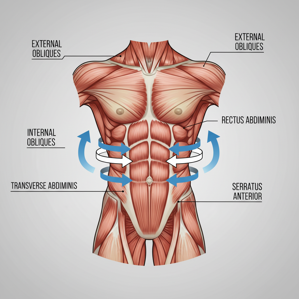 Diagram-style view of oblique muscles and core bracing mechanics