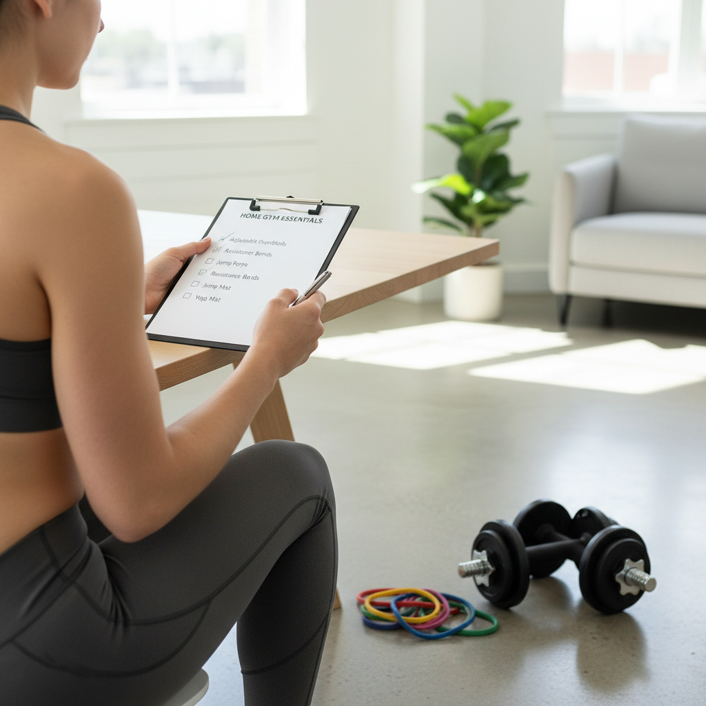 Beginner choosing home gym equipment using a checklist with dumbbells and resistance bands