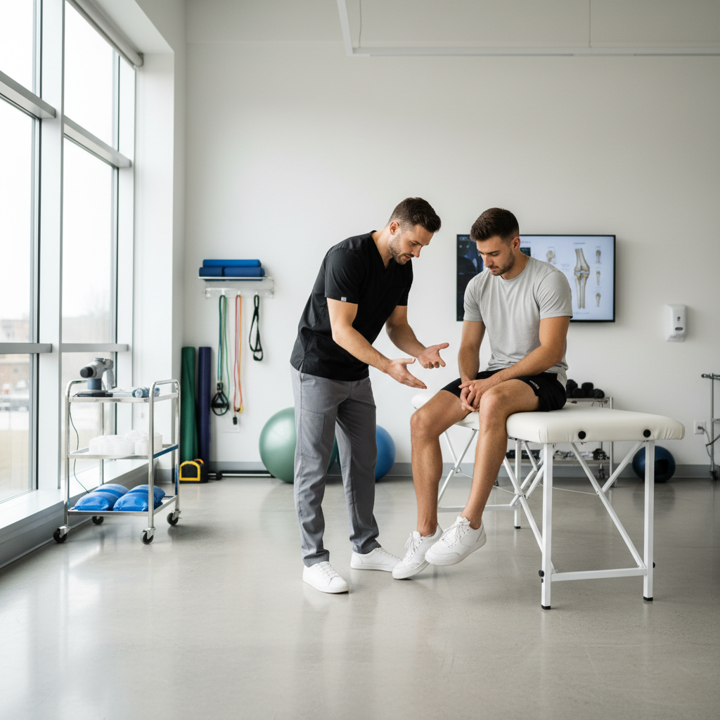 Sports physical therapist assessing knee tendon pain in athlete during tendonitis care visit