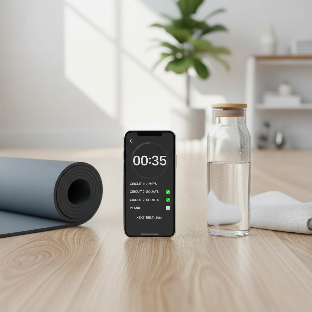 At-home core workout circuit checklist on a phone next to a yoga mat