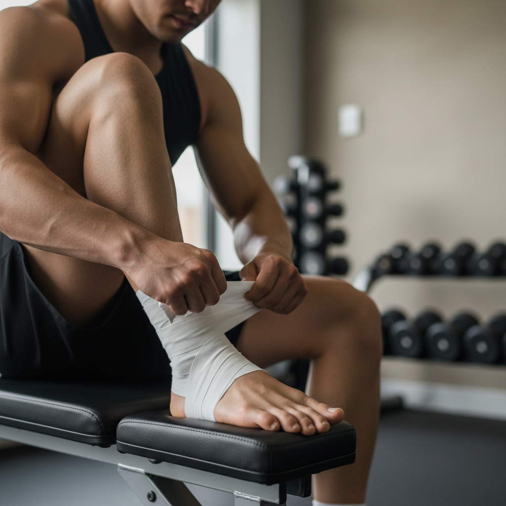 Athletic tape applied to ankle for joint support during training