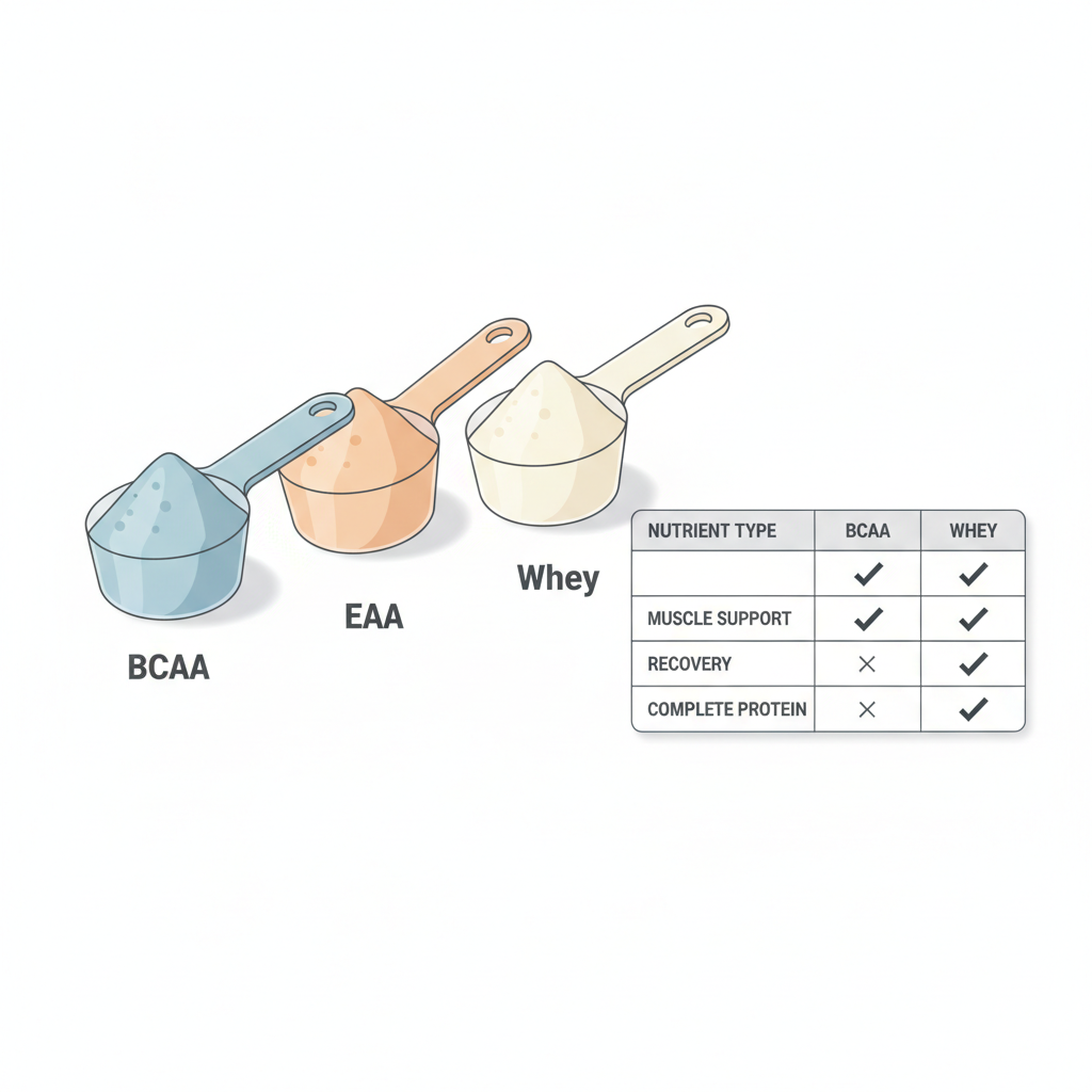 Comparison table concept for BCAAs vs EAAs vs whey for muscle recovery