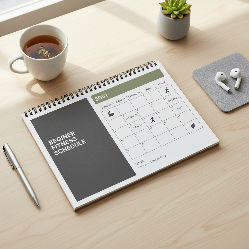 Weekly beginner fitness plan schedule on a calendar layout
