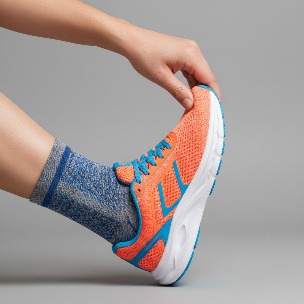 Close-up of proper toe room and thumb-width fit test in running shoes