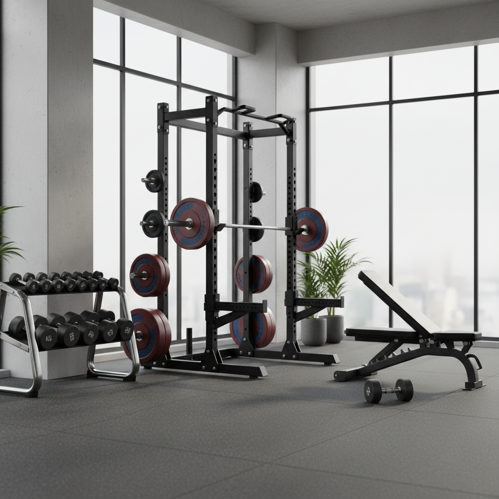 Gym-friendly lower body workout setup with squat rack and dumbbells