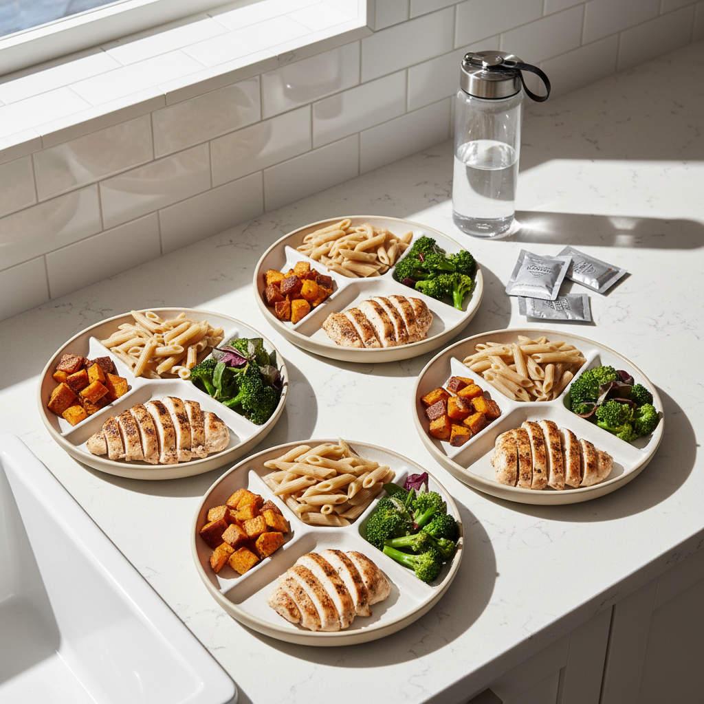 Athlete meal prep with carbs protein and hydration for sports nutrition