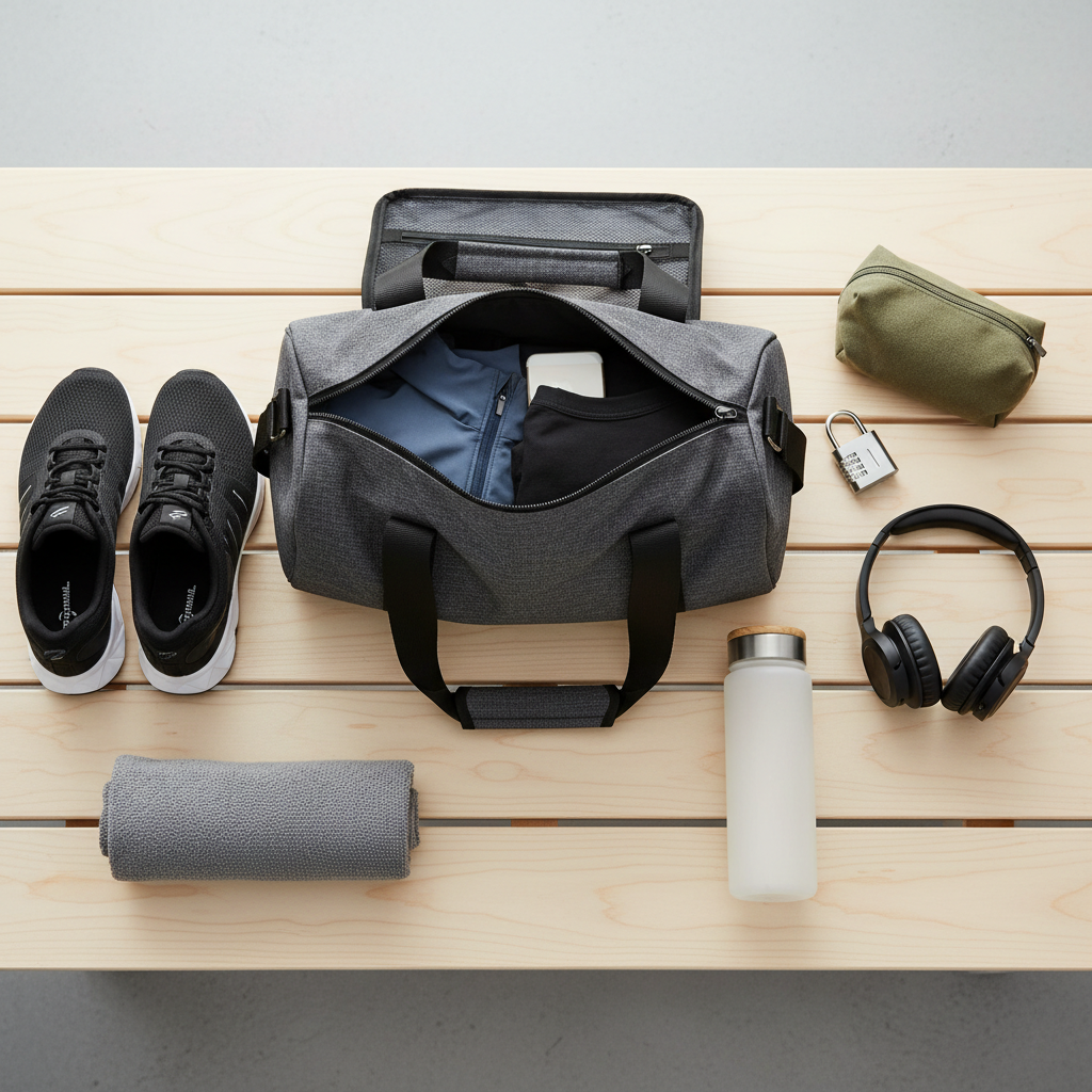 Open gym bag essentials laid out neatly: shoes, towel, water bottle, headphones