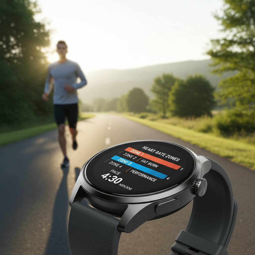 Smartwatch showing heart rate zones for workout intensity control during a run