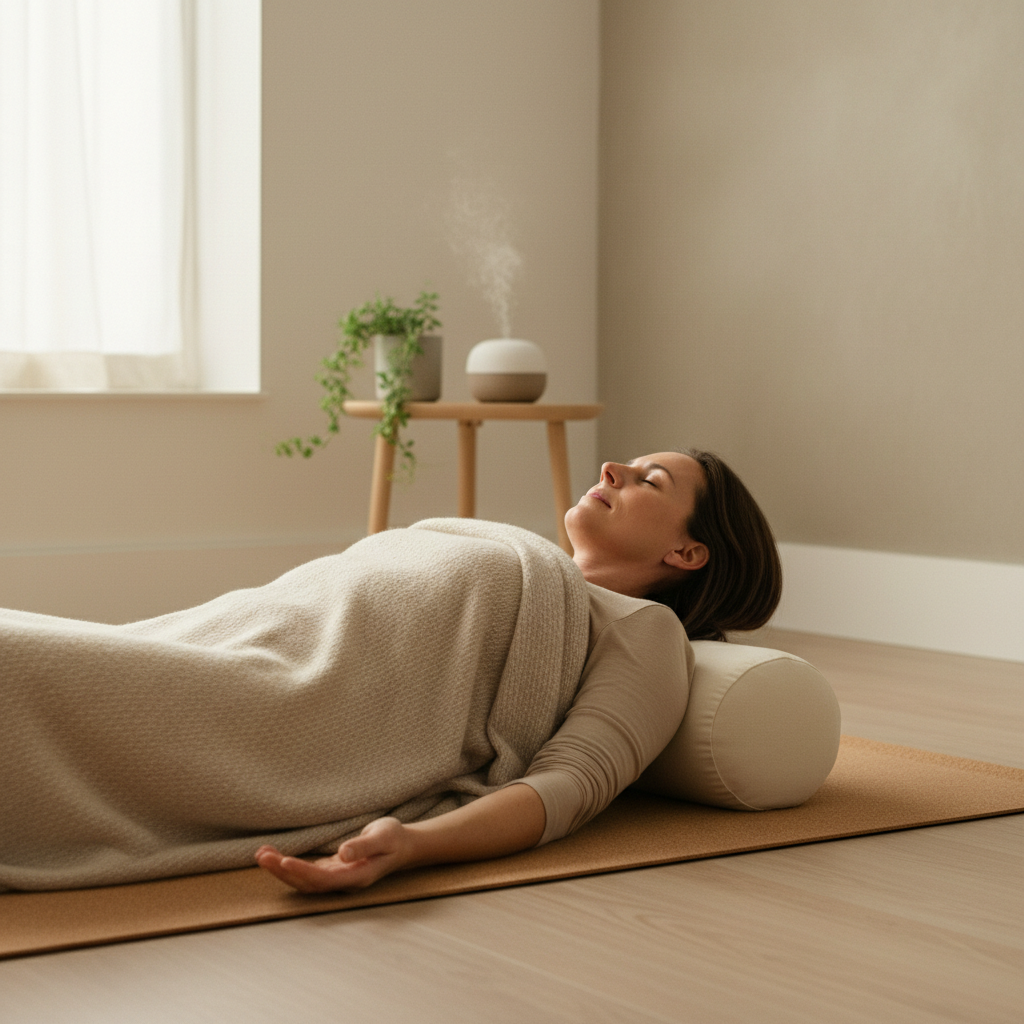 Gentle breathing and restorative stress relief yoga practice at home