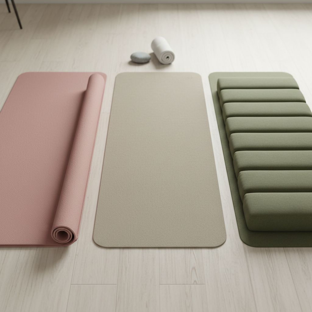 Comparing yoga mat thickness options on a studio floor