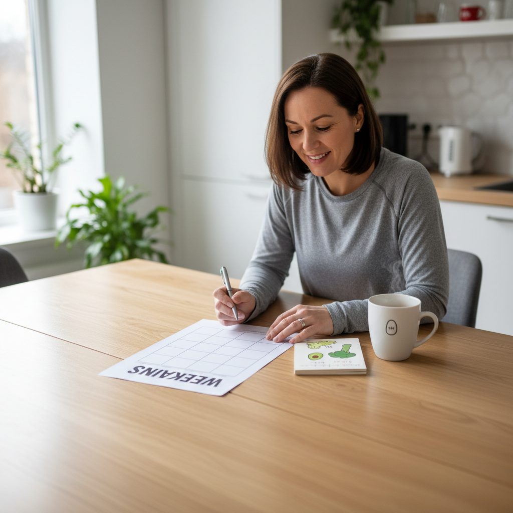 Woman checking workout plan and meal notes for steady weight loss habits