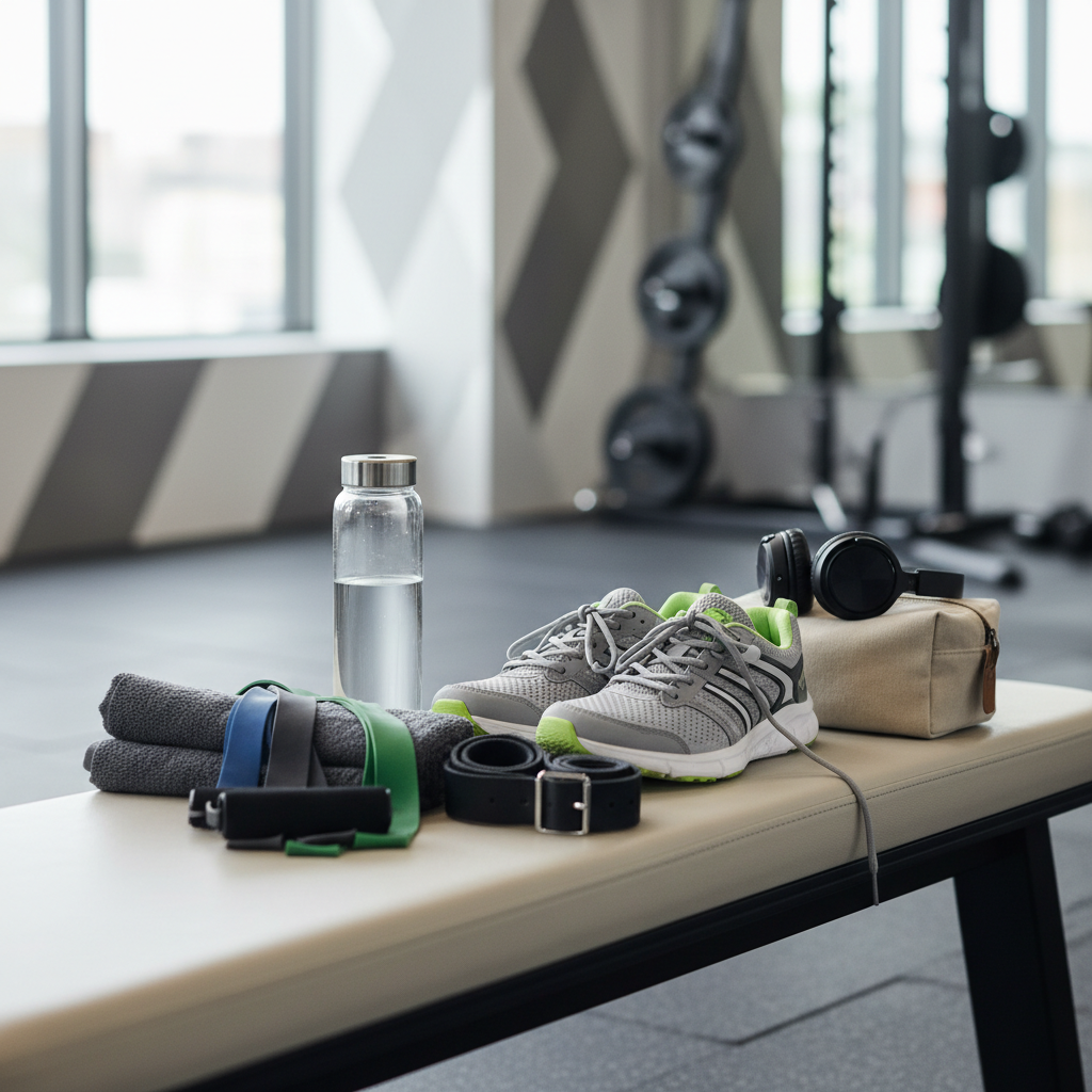 Organized gym workout gear laid out on a bench