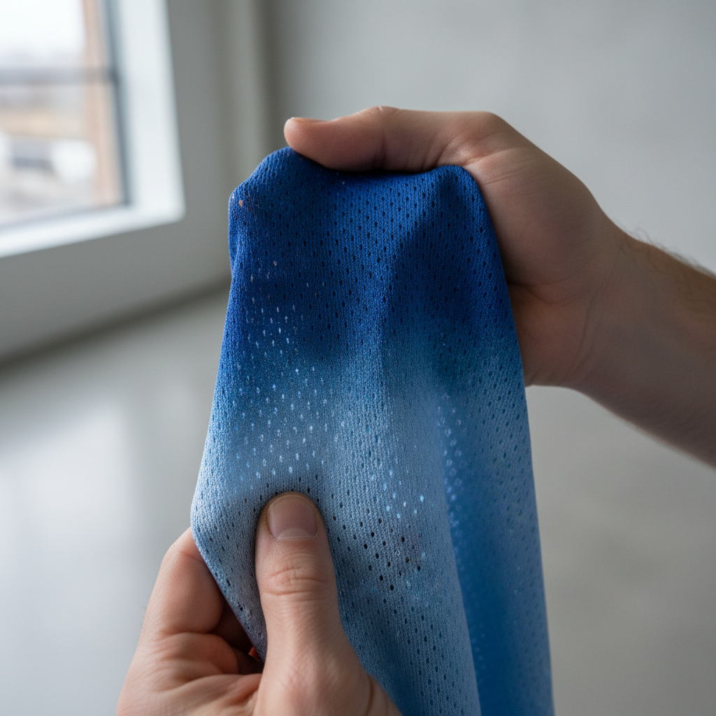 Lightweight training jersey fabric close-up showing breathable knit texture