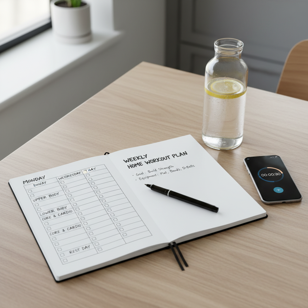 Weekly home workout plan on a notebook with simple schedule and checkmarks