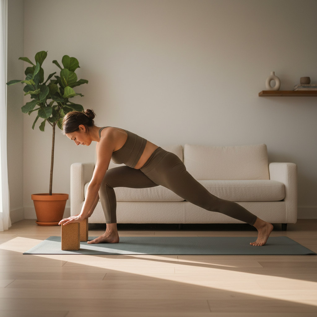 Home yoga flexibility routine using yoga blocks in a calm living room