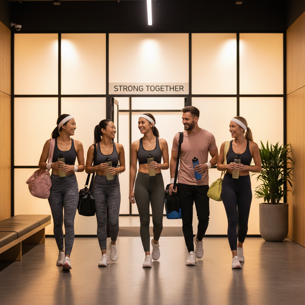 Friends leaving a group fitness class smiling and talking in the studio lobby