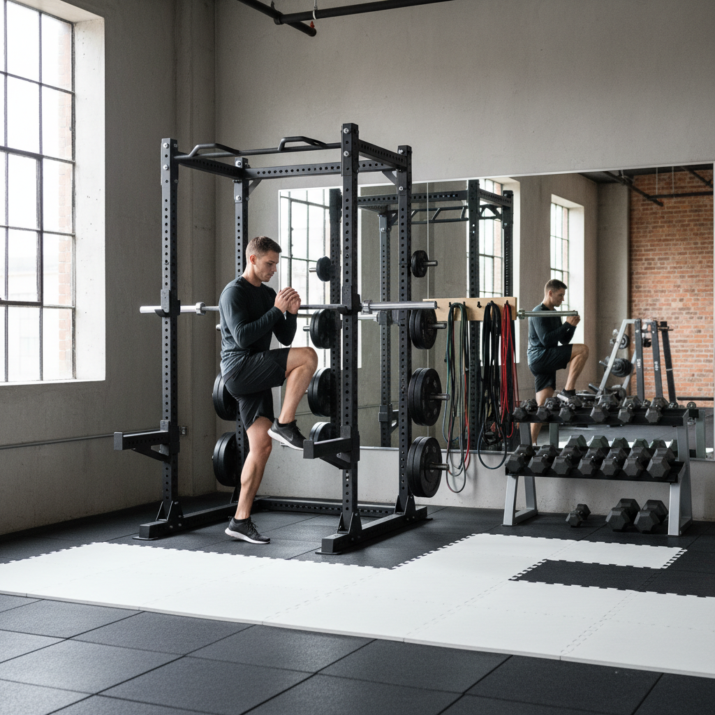 Athlete doing dynamic warm-up before weight lifting session in a gym