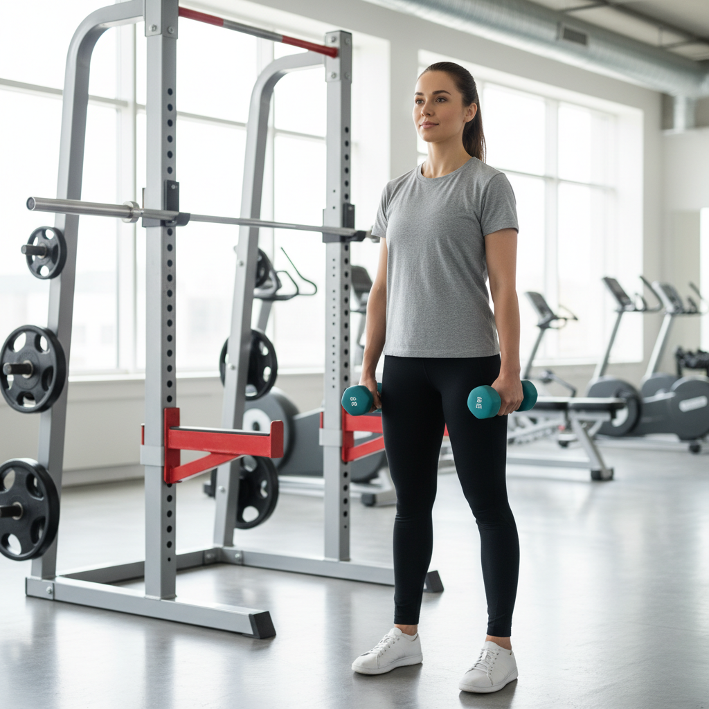Beginner starting a simple gym workout plan with light dumbbells