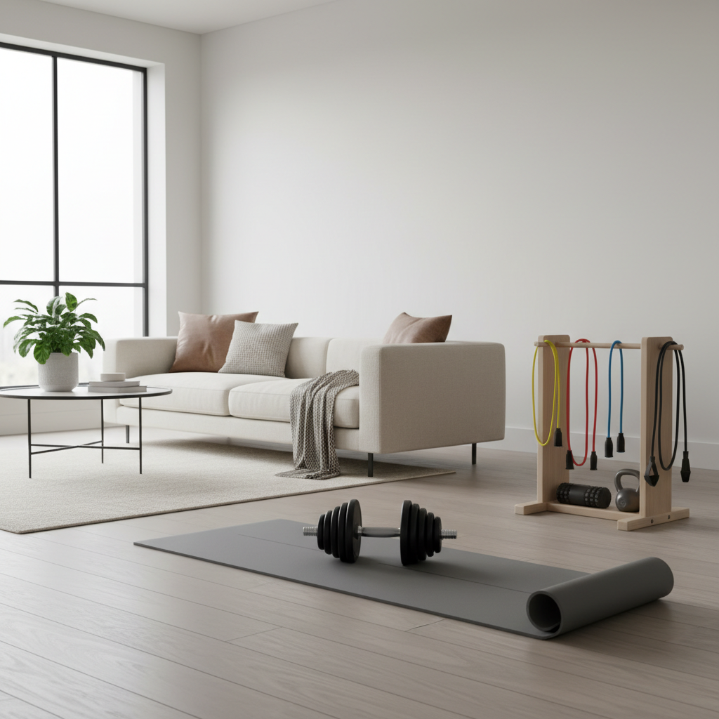 Compact home gym setup with adjustable dumbbells, resistance bands, and a yoga mat