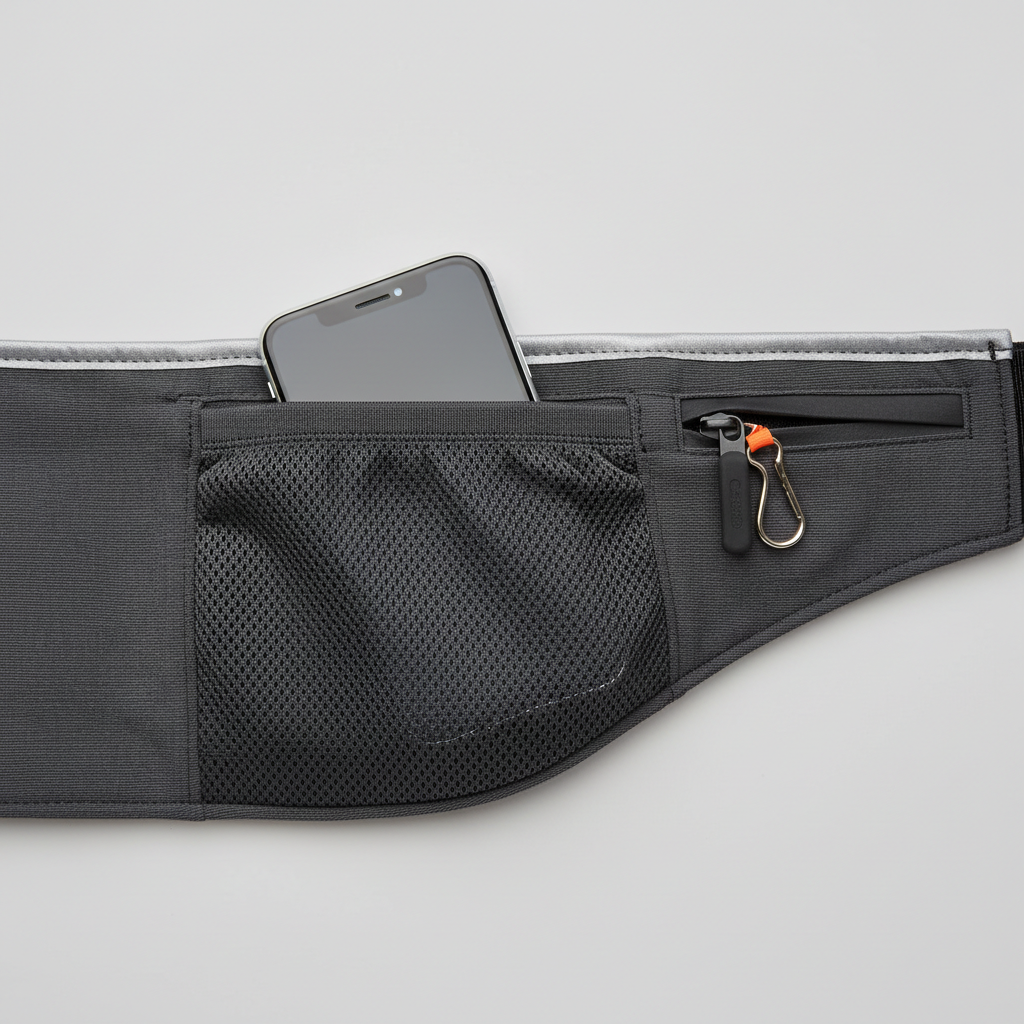 Close-up of running belt pockets showing zipper, stretch fabric, and reflective details