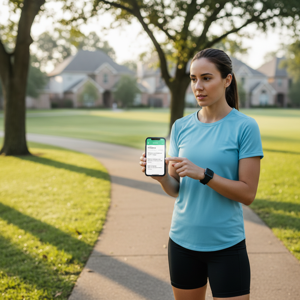 Beginner following an 8-week 5K training plan on a phone in a neighborhood park